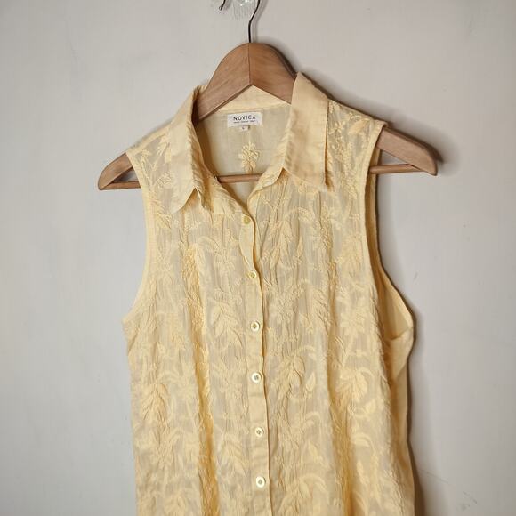 Novica Button Up Shirt Floral Embroidered Cotton Sleeveless - Picture 5 of 11
